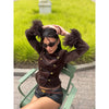 Light Green Landscape Print Jackets Women Chic Stand Collar Furry Cuff Single Breasted Slim Cropped Coat Lady Autumn Daily Wear