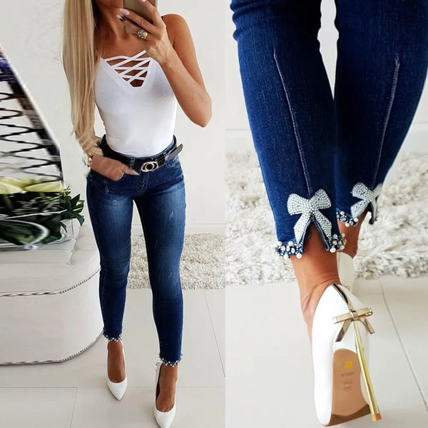 Pencil Pants Women Vintage Washed Jeans Sheath Denim Ankle Length Jean Pearls Solid Pockets Casual High Waist Skinny