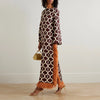 Geometric Print Women Maxi Dresses Long Flare Sleeve Feather Fringe Trim Side Slit Dress Elegant Party Vintage Ladies Dress