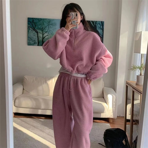 Stand Neck Hoodie Pants Set For Women Autumn Winter Solid Warm Thick Lamb Fleece Suit Long Sleeve Tops Elastic Waist Pant Casual