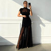 Elegant Sheer Maxi Dress Women High Neck Cap Sleeve Ruched Bodycon Mini Skirt Overlay Tulle Floor Length Evening Party Dress