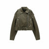Vintage Loose Pu Faux Leather Short Jacket with Belt Streetwear Female Zipper Retro Moto Biker Coat Outwear Tops