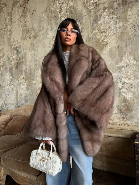Women Elegant Fake Fur Coat Bell Sleeve Lapel Suede Surface Girdle Coats Unique Temperament Winter High Street