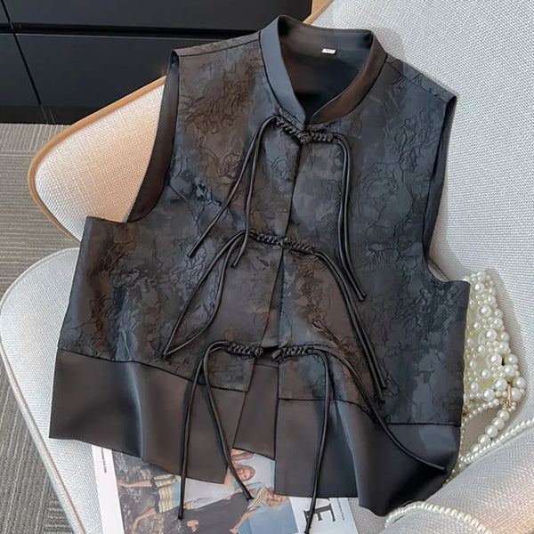 Chinese Style Black Women Loose Fit Vest Coat Spring Autumn Female Jacquard Camisole Ladies Cardigan Waistcoat Jacket