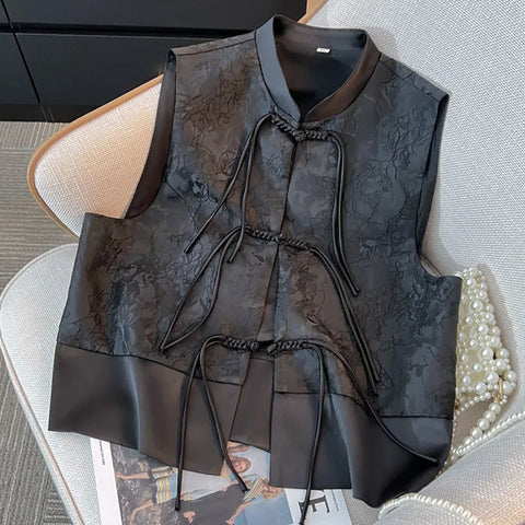 Chinese Style Black Women Loose Fit Vest Coat Spring Autumn Female Jacquard Camisole Ladies Cardigan Waistcoat Jacket
