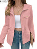 Autumn Long Sleeve Jackets Woman Casual Drawstring Waist Zip-Up Outerwear Solid Color Work Wear Cargo Coats