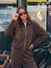 Women Long Sleeve Autumn Outwear Lapel Zipper Pleated Loose Brown Jacket Female Graduation Season Coats