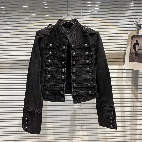 Punk Style Black Stand Up Collar Denim Jackets Vintage Washed Motor Coat For Women Autumn Loose Long Sleeve Outerwear