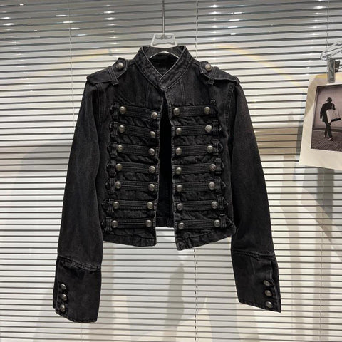 Punk Style Black Stand Up Collar Denim Jackets Vintage Washed Motor Coat For Women Autumn Loose Long Sleeve Outerwear