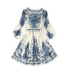 Autumn Women's V-neck Long Sleeved Bohemian Printed Dress Retro Lantern Sleeve Chinese Style Blue White Porcelain Dress