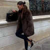 Faux Fur Lapel Coat Women's Elegant Solid Loose Lace-Up Leisure Jacket Winter Female Keep Warm Fur Coat