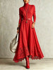 Women Vintage Boho Turtleneck Long Sleeve Maxi Dress Lace Hem Sashes Waist Flowy Long Dress Fall Winter Elegant Ladies Robe