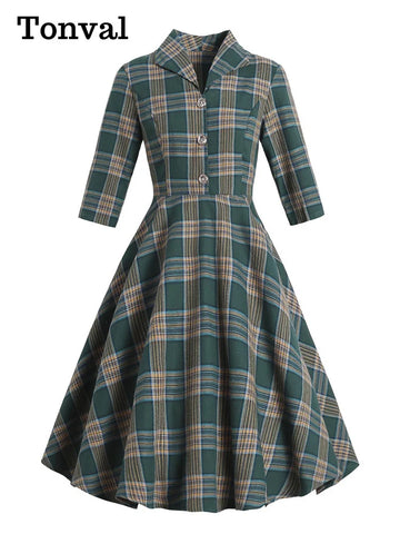 Turn-down Collar Button Up Green Plaid Autumn Winter Clothes Dresses Vintage Robe Women Elegant Swing Dress Retro