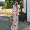 Geometric Printed Blazer Jacket Pants Sets Women Shoulder Pads V Neck Lace Up Full Sleeve Jackets Flare Pant Lady Outfit