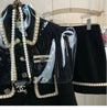 S-2XL Women Tweed Jacquard Black Suit Jacket Coat Top And Mini A Line Skirt Two Piece Set Elegant Outfit Winter Party Cloth