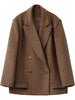 Women Woolen Blazer Loose Vintage V Neck Female Jacket Suit Double Breasted Office Ladies Coat Spring Autumn