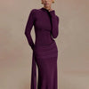 Solid Color Elegant High Neck Long Sleeve Ruched Ribbon Dress Women Bodycon Party Club Evening Dress Winter