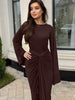 Autumn Elegant O-Neck Long Flare Sleeve Ruched Slim Fit Ribbon Long Dress Women'S Solid Casual Party Club Outfit
