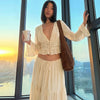 Elegant Sexy Two Piece Set Women V Neck Long Sleeve T-shirt Maxi Skirt Matching Set Female Loose Pleated Club Dress Set
