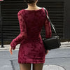 Sexy Wine Red Dresses Women Autumn O-Neck Streetwear Print Long Sleeves Dresses Lady Knitted Pullover Clothing Dress