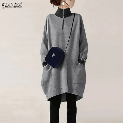 Autumn Women's Casual Sweatshirt Dress Cozy Turtleneck Long Sleeve Half-Zipper Color-Blocked Knee-Length Dresses Woman