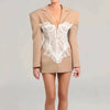 White Lace Patchwork Blazer Women's Notched Collar Slim Fit Long Sleeves Single Breasted Suit Jacket Tide