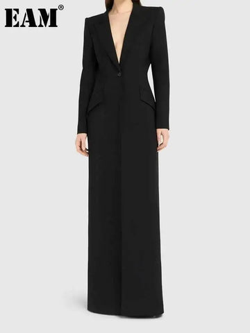 Women Black Single Button X-Long Elegant Blazer Lapel Long Sleeve Jacket Tide Autumn 31A0819