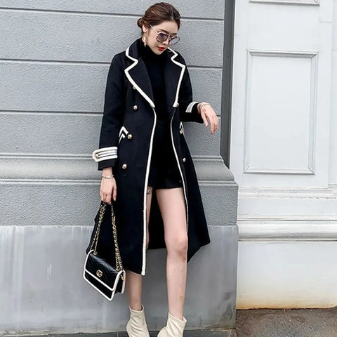 Women White Long Woolen Coat Autumn Winter British Hepburn Style Thicken Slim Double-Breasted Woolen Coat Women Outwear