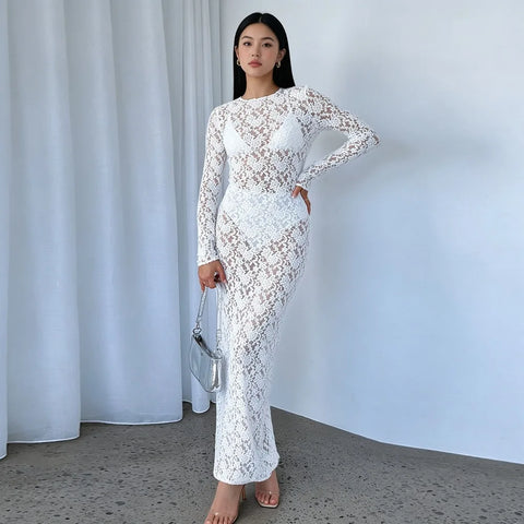 Lace Sheer Maxi Dress, Long-Sleeve Fitted Sexy Pattern Women's Dress, Vintage Birthday Party Evening Long Dresses