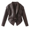Women Leather Bomber Jackets Coats With Belt Notched Shoulder Pads Motorcycle Street Chic Short Outwear Solid Lace Up
