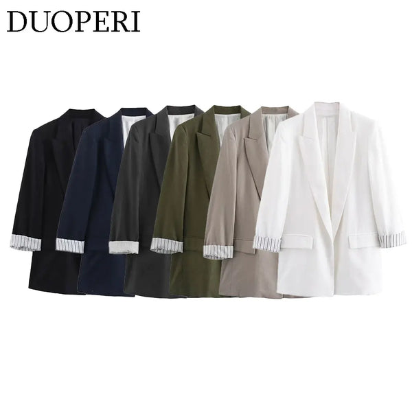 Women Solid Blazer Notched Collar Long Roll up Sleeves Female Chic Office Lady Business Outfits
