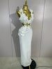 Women Sexy White Flowers V-Neck Tops Bodycon Long Dress Two Pieces Set Eveing Party Prom Gown Nightclub Celebrate Birthday Dress