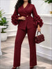 Women Two Piece Suit Notched Lapel Ruffle Flare Long Sleeve Blazer High Waist Straight Leg Pants Office Business Church Autumn