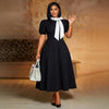 Elegant Women A Line Colorblock Dress Bow Neck Short Puff Sleeve Africa Business Ceremony Party Graduation Festival Wear