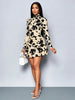 Autumn High Neck Floral Leaf Print Long Sleeve Women's Dress Waist Cinching Mini A-Line Skirt Casual Elegant Style
