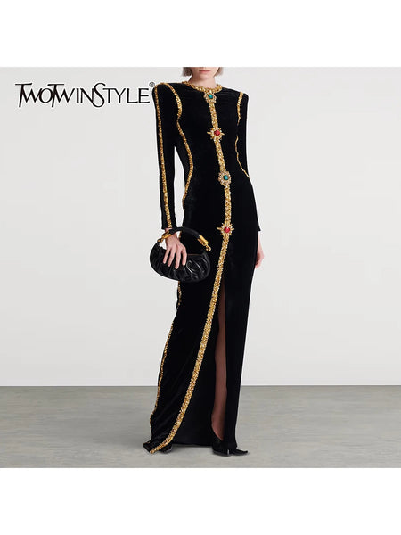 Solid Spliced Sequins Temperament Dresses for Women O Neck Long Sleeves Patchwork Bead Split Dress Female