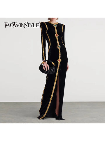Solid Spliced Sequins Temperament Dresses for Women O Neck Long Sleeves Patchwork Bead Split Dress Female