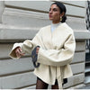 Elegant Fleece Women's Coat Solid V-neck Long Sleeve Belted Lace-Up Cardigan Jacket Autumn Winter Outerwear Female Tops