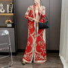 Red National Style Printting Pleated Women's Long Robe Chic Temperament Cardigan Trench Coat 2DB3930