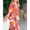 Women Vintage Baroque Print Long Sleeve Bodycon Dress Casual Plunge V Neck Ruched Slim Fit Midi Dress Party Elegant Wear