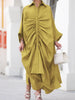 Women's Pleated Black Dresses Long Sleeves Buttoned Solid Color Casual Oversize Lapel Shirts Dress