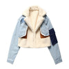 Women Padded Jacket Denim Splicing Jacket Winter Lamb's Wool Liner Thickened Short Section Biker Jacket Cotton Jacket