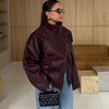 Street Waist Cinching Leather Jacket Women Loose Solid Stand Collar Zipper Pocket Jackets Spring Lady Outwear