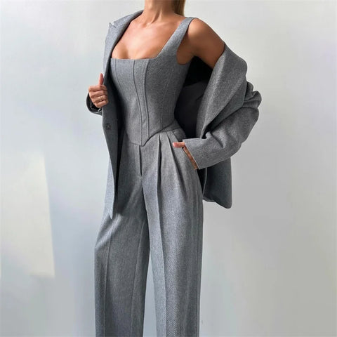 3 Pieces Herringbone Women's Suits Pants Set Top Bra+Blazer+Trousers or Skirt Formal Office Lady Prom Jacket Coat Winter Outfit