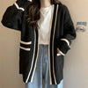 Autumn Vintage Mid Long Sweater Cardigan Woman Preppy Style Contrast Color Knitted Coat No Button Casual Street Open Outerwear