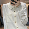 Women's Elegant Spring Knitted Cardigan Wool Polo Neck With Pockets Solid All-Match Casual Soft Tops Coats ZB1047006