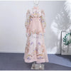 Floral Print Women Dress Button Down Mock Neck Maxi Dresses Long Lantern Sleeve A-Line Waist Belt Flared Hem Elegant Streetwear