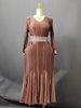 Womens Plus Size Pleated Elegant Maxi Long Sleeve Dress with Sequin Belt and Patchwork Hem for Wedding Guest