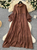 Spring Vintage Loose Dresses Women Lantern Sleeve Turn-down Collar Solid Single Breasted Casual Folds Long Dress