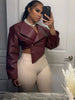 Faux Leather Crop Jacket Women Cross Neck Hipster Single Button Irregular Fall Wild Basic Sexy Streetwear Coat